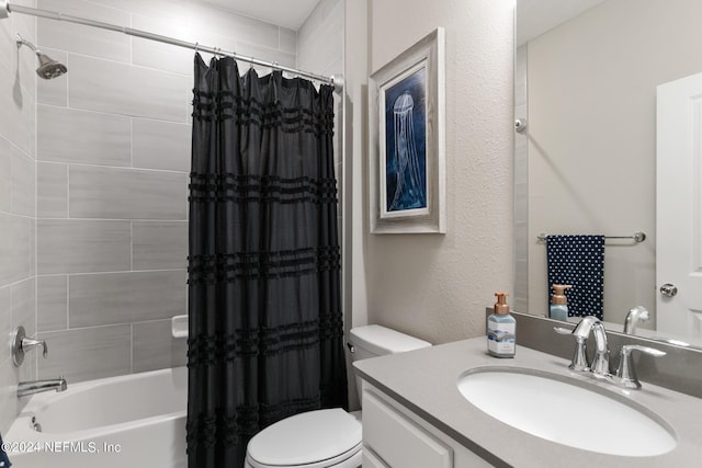 full bathroom with vanity, toilet, and shower / bathtub combination with curtain