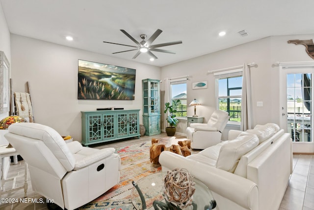 living room with ceiling fan