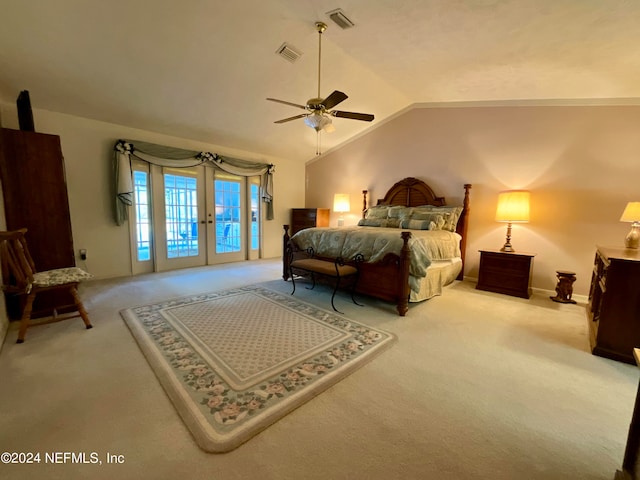 bedroom with french doors, access to outside, lofted ceiling, carpet flooring, and ceiling fan