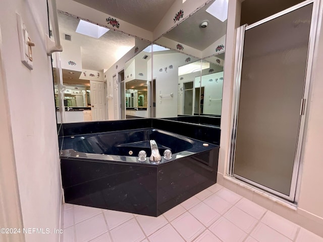 bathroom with tile patterned floors and plus walk in shower