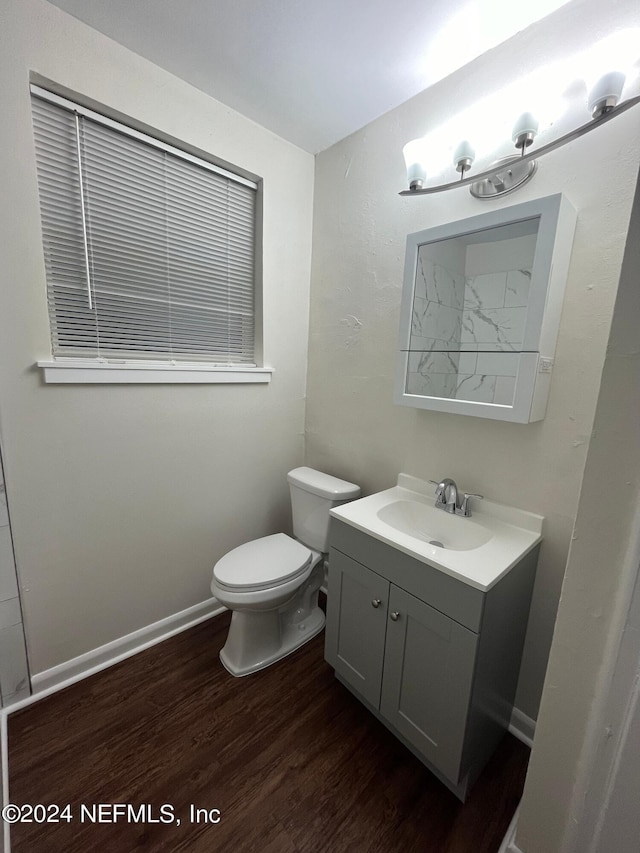 bathroom with wood-type flooring, vanity, and toilet