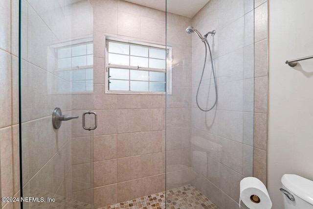 bathroom featuring toilet and a shower with door