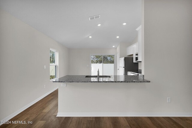 kitchen featuring white cabinetry, kitchen peninsula, a wealth of natural light, and dark stone counters