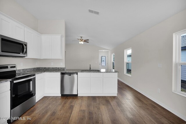 kitchen with dark wood-type flooring, white cabinetry, sink, and stainless steel appliances