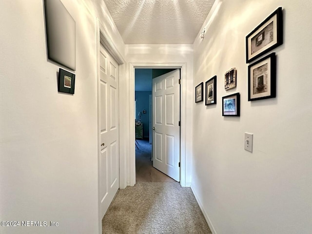 hall with light colored carpet and a textured ceiling