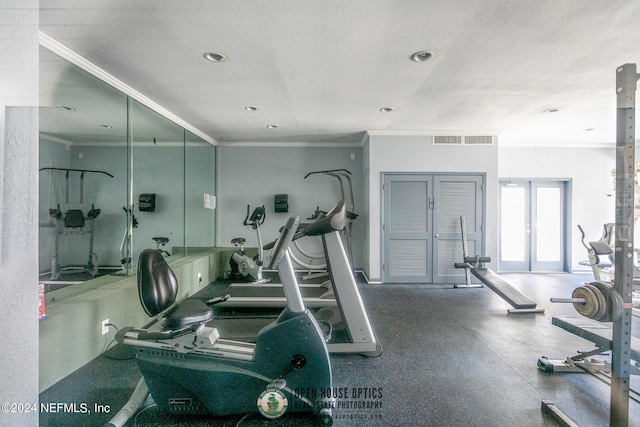 workout area with crown molding, french doors, and a textured ceiling