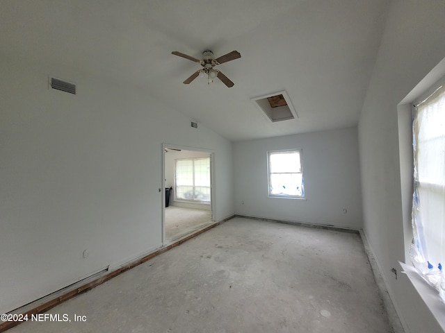 unfurnished room featuring lofted ceiling and ceiling fan