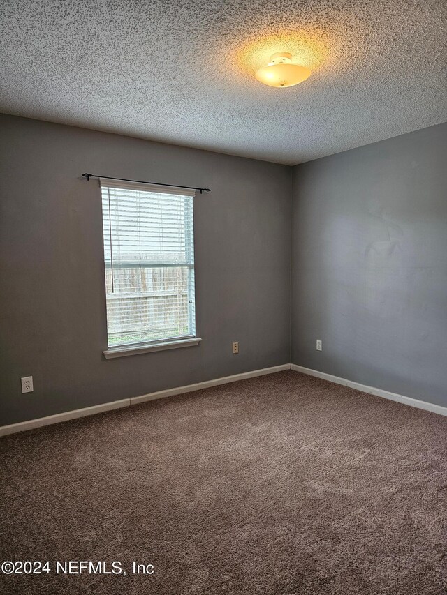 carpeted spare room featuring a textured ceiling and baseboards