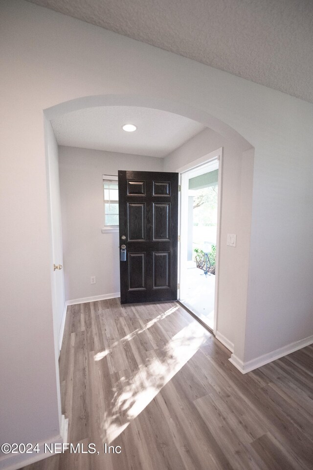 entryway featuring arched walkways, plenty of natural light, wood finished floors, and baseboards