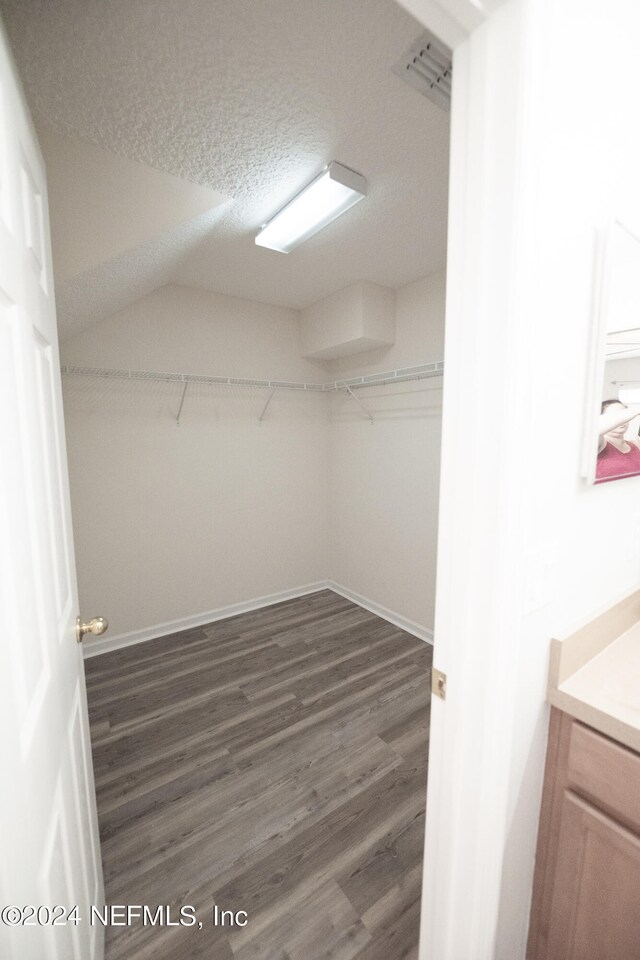 spacious closet featuring visible vents and dark wood-type flooring