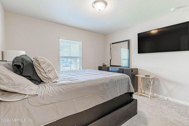 carpeted bedroom with a textured ceiling