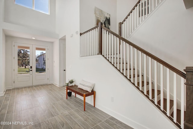 entryway featuring a high ceiling and wood-type flooring