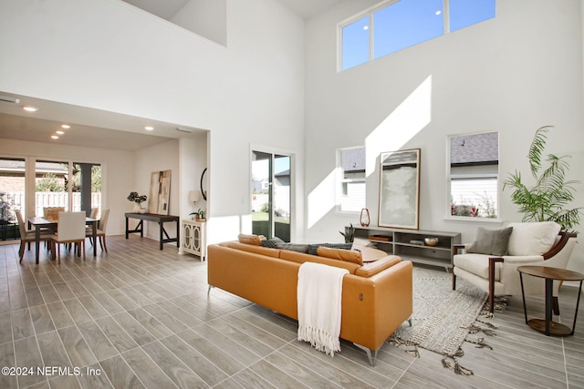 living room with a towering ceiling