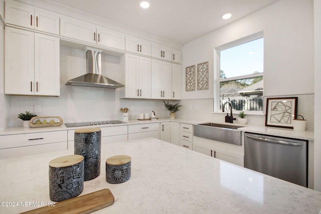 kitchen featuring white cabinetry, sink, wall chimney range hood, stainless steel dishwasher, and black electric stovetop