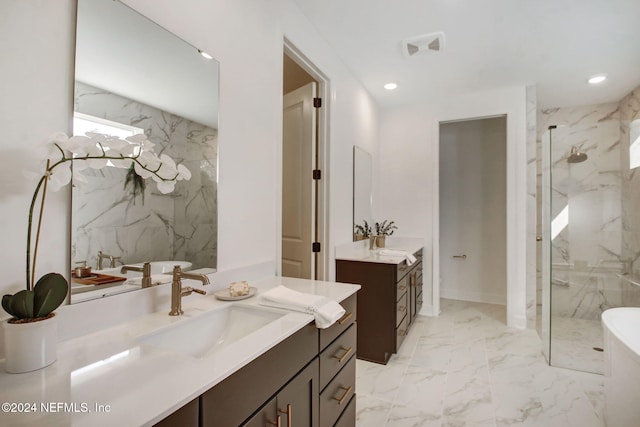 bathroom with plus walk in shower and vanity