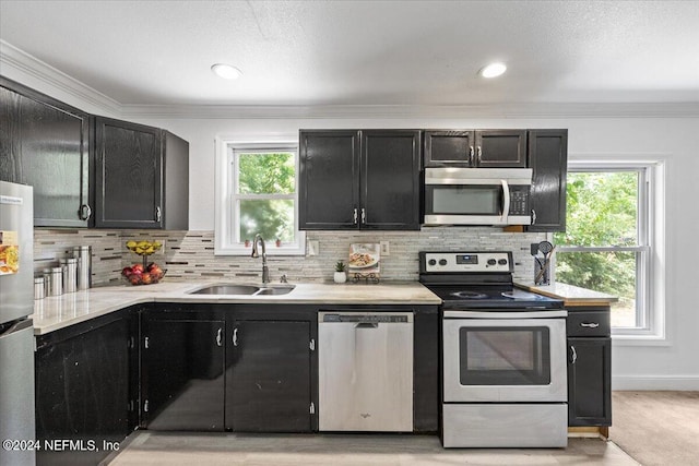 kitchen featuring sink, crown molding, stainless steel appliances, and decorative backsplash