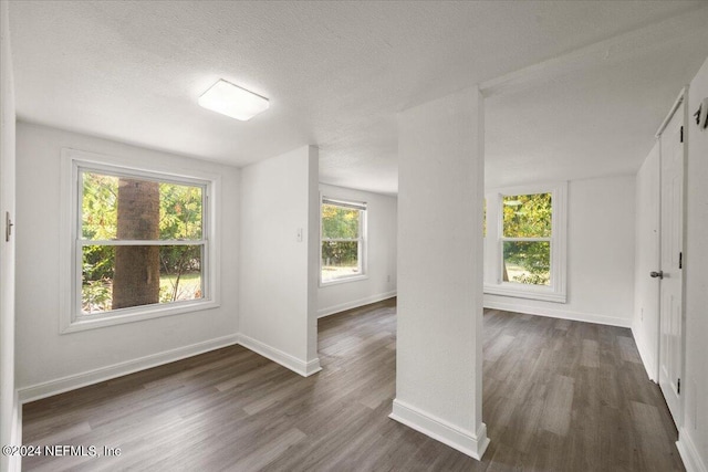 interior space with dark wood-type flooring, a textured ceiling, and a wealth of natural light