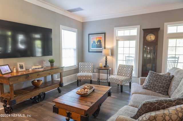 living room featuring ornamental molding and dark hardwood / wood-style floors