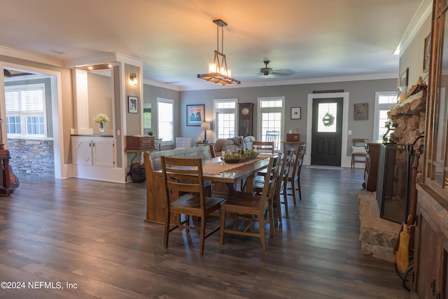 dining space featuring crown molding, ceiling fan, dark hardwood / wood-style floors, and a stone fireplace