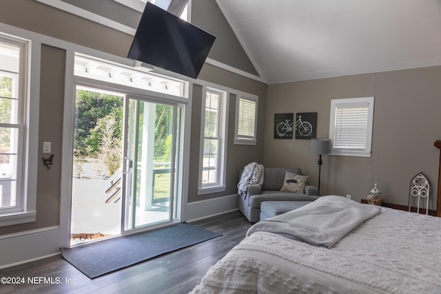 bedroom featuring lofted ceiling, access to exterior, multiple windows, and dark hardwood / wood-style floors