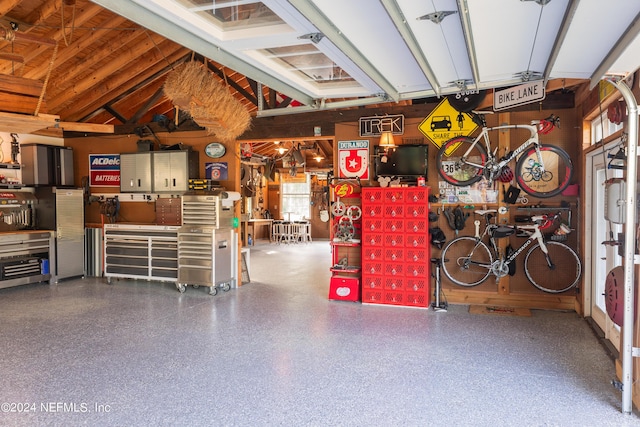 garage with a workshop area