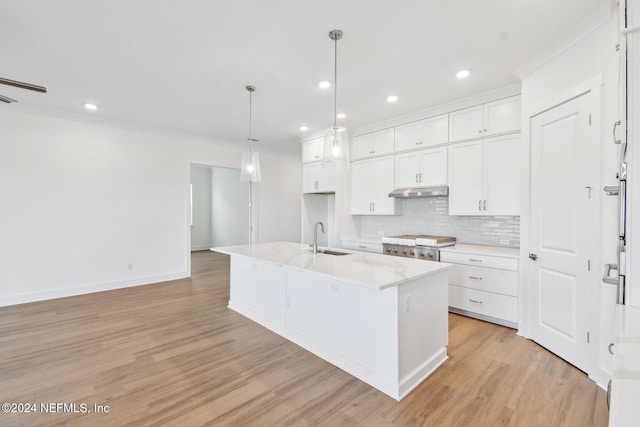 kitchen with white cabinets, sink, a kitchen island with sink, and light hardwood / wood-style flooring