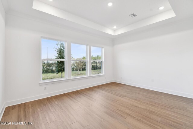 empty room featuring a raised ceiling and light wood-type flooring