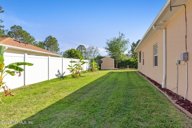 view of yard featuring a storage unit