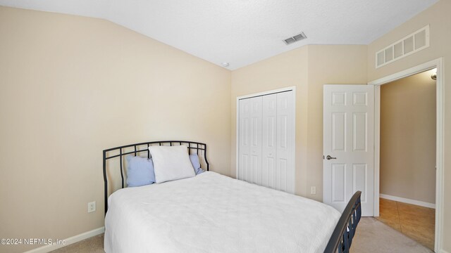 carpeted bedroom featuring vaulted ceiling and a closet