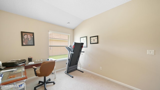 carpeted office featuring plenty of natural light and lofted ceiling