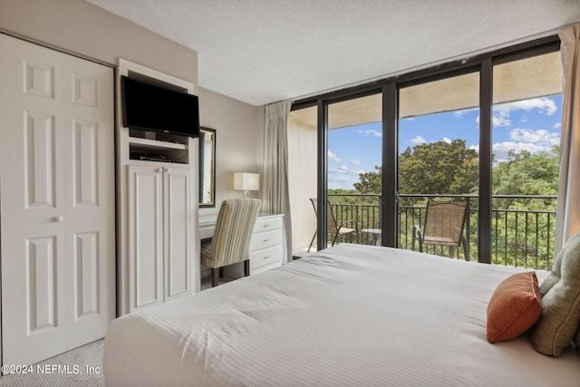 bedroom featuring access to exterior and a textured ceiling