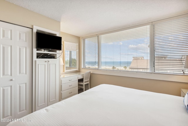 bedroom with a closet, built in desk, and a textured ceiling