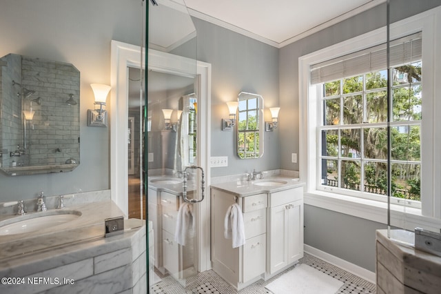 bathroom with tile floors, a tile shower, and dual bowl vanity