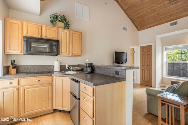 kitchen featuring light wood-type flooring, kitchen peninsula, high vaulted ceiling, sink, and light brown cabinets