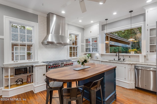 kitchen featuring white cabinetry, stainless steel appliances, tasteful backsplash, and wall chimney exhaust hood