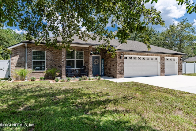 ranch-style house with a garage and a front lawn