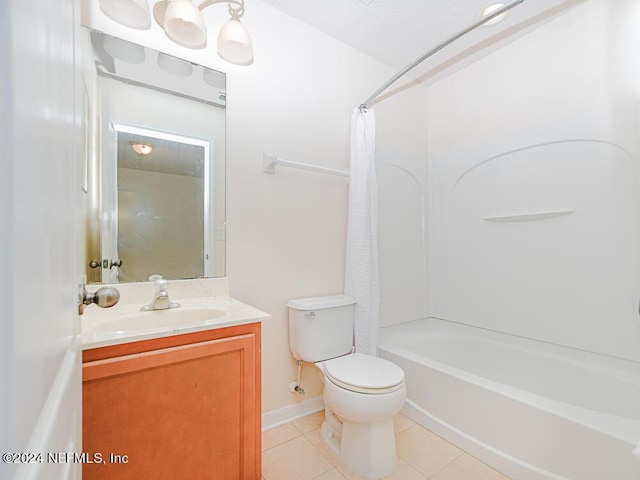 full bathroom featuring vanity, tile patterned floors, shower / bath combo with shower curtain, and toilet