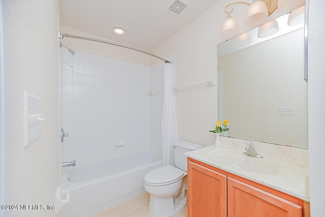 full bathroom with shower / bathtub combination with curtain, vanity, tile patterned floors, and toilet