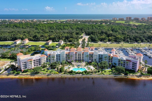 drone / aerial view featuring a water view