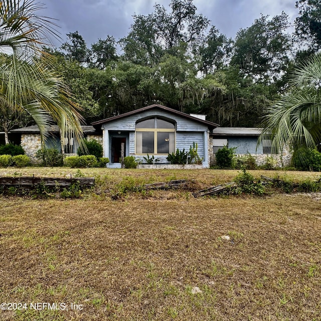 mid-century modern home with a front lawn