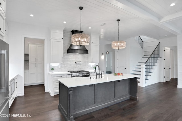 kitchen featuring pendant lighting, tasteful backsplash, a notable chandelier, white cabinetry, and dark hardwood / wood-style flooring