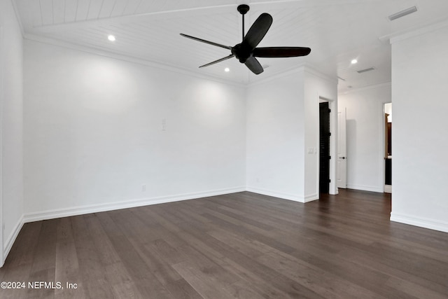 unfurnished room featuring wooden ceiling, ornamental molding, dark hardwood / wood-style flooring, and ceiling fan