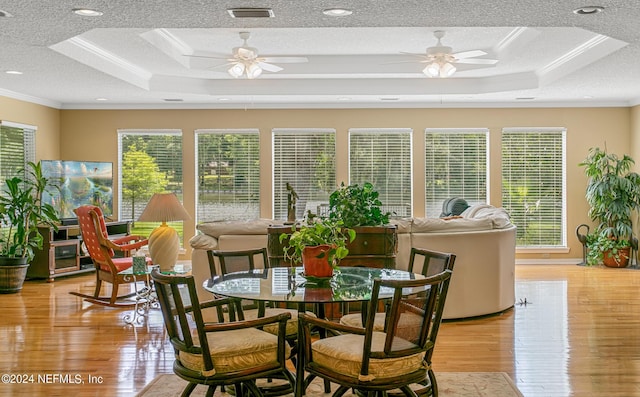 sunroom / solarium featuring visible vents, a tray ceiling, and a wealth of natural light