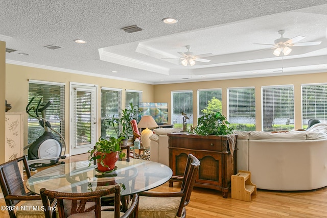 sunroom / solarium featuring ceiling fan, plenty of natural light, a raised ceiling, and visible vents