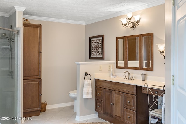 full bath with a stall shower, toilet, tile patterned flooring, a textured ceiling, and vanity