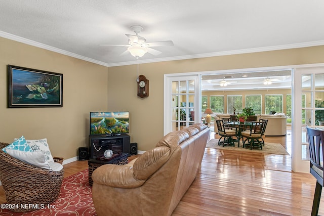 living area featuring light wood-style floors, ceiling fan, baseboards, and crown molding