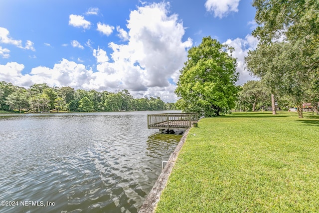 dock area with a water view and a lawn