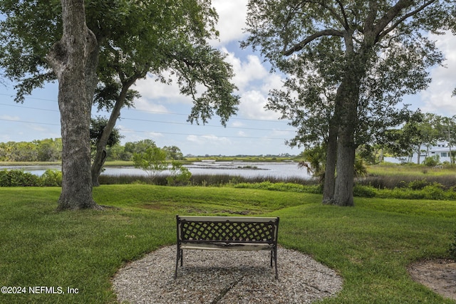 view of community featuring a water view and a lawn