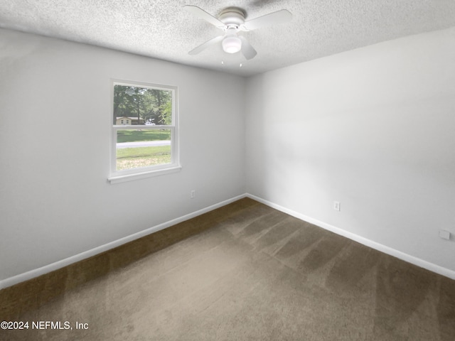 unfurnished room with carpet floors, a textured ceiling, and ceiling fan