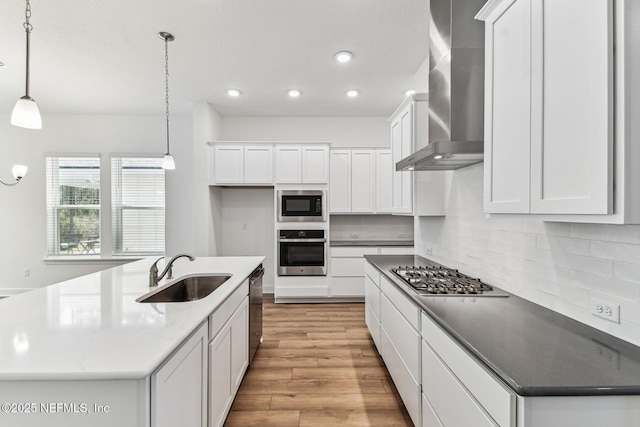 kitchen with tasteful backsplash, appliances with stainless steel finishes, a sink, wall chimney range hood, and light wood-type flooring